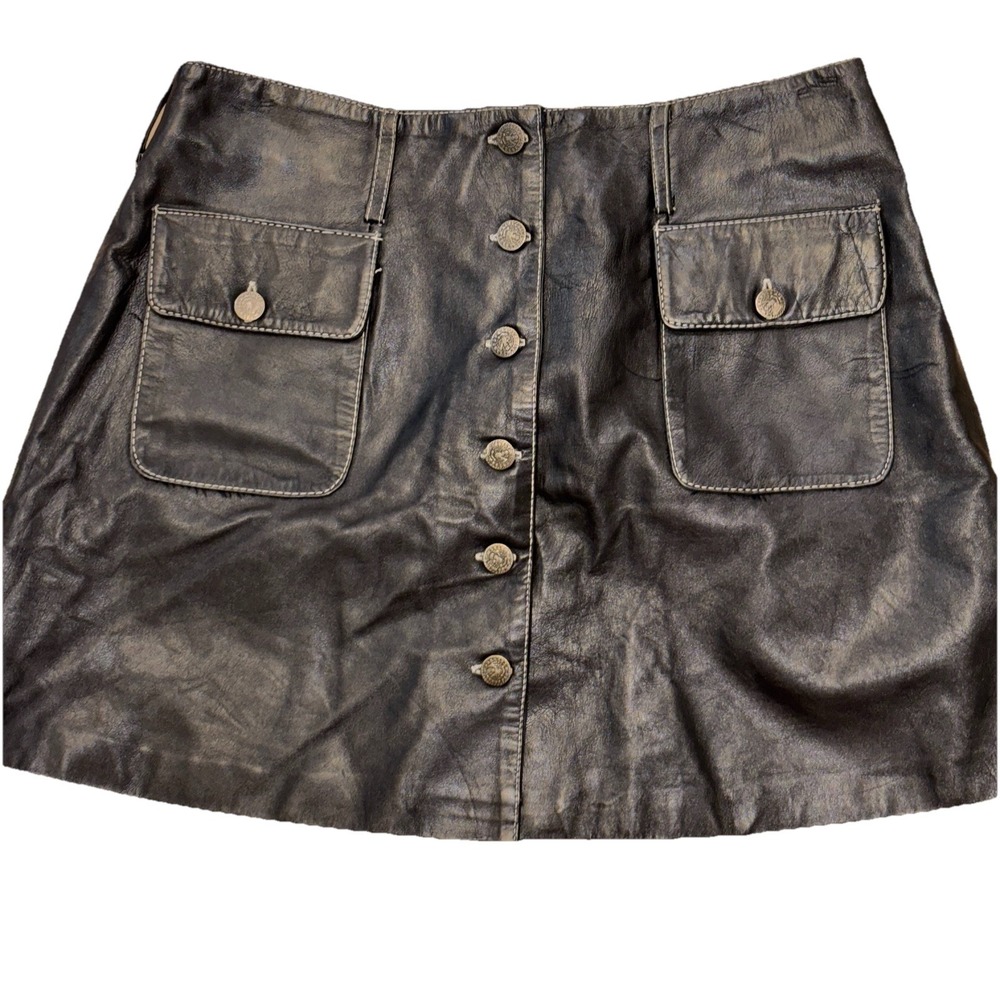 100% Leather Button Down Mini Skirt 28" Waist White Stitch Cargo Pockets Edgy